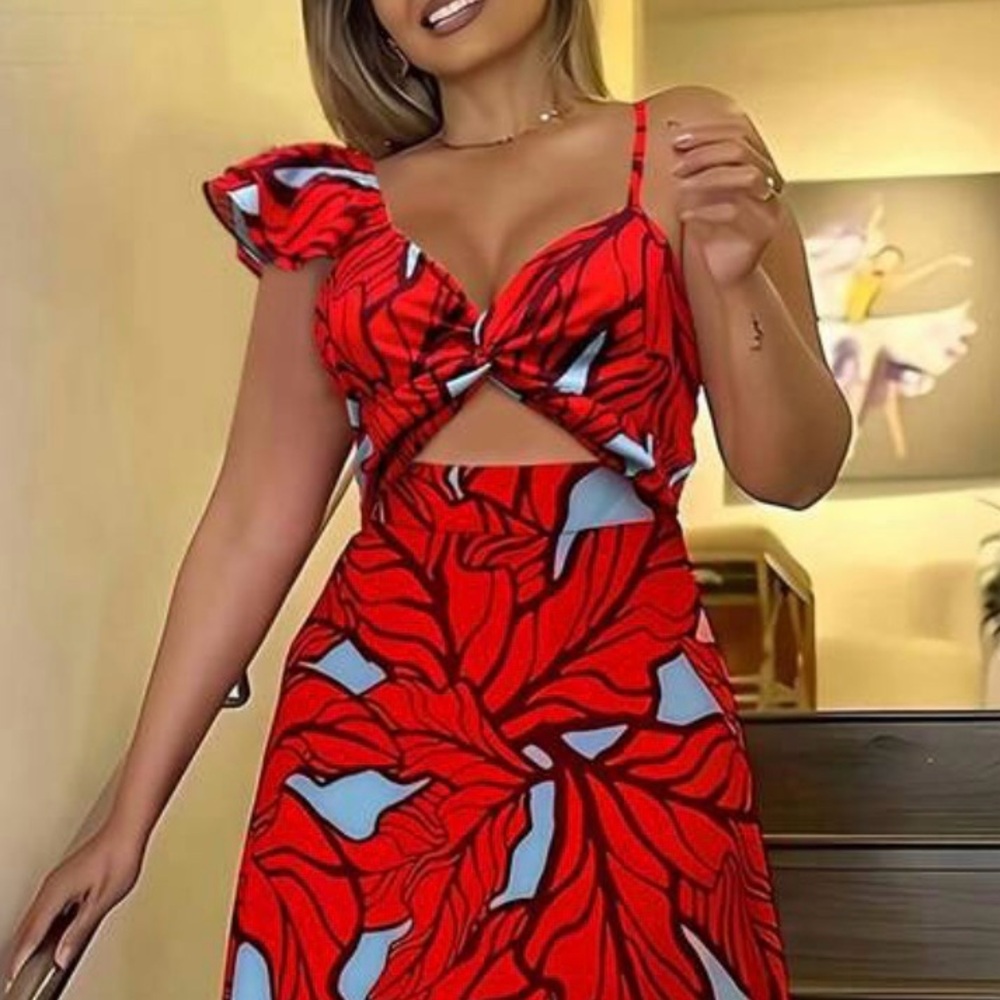 Red and Blue Leaf Maxi Dress